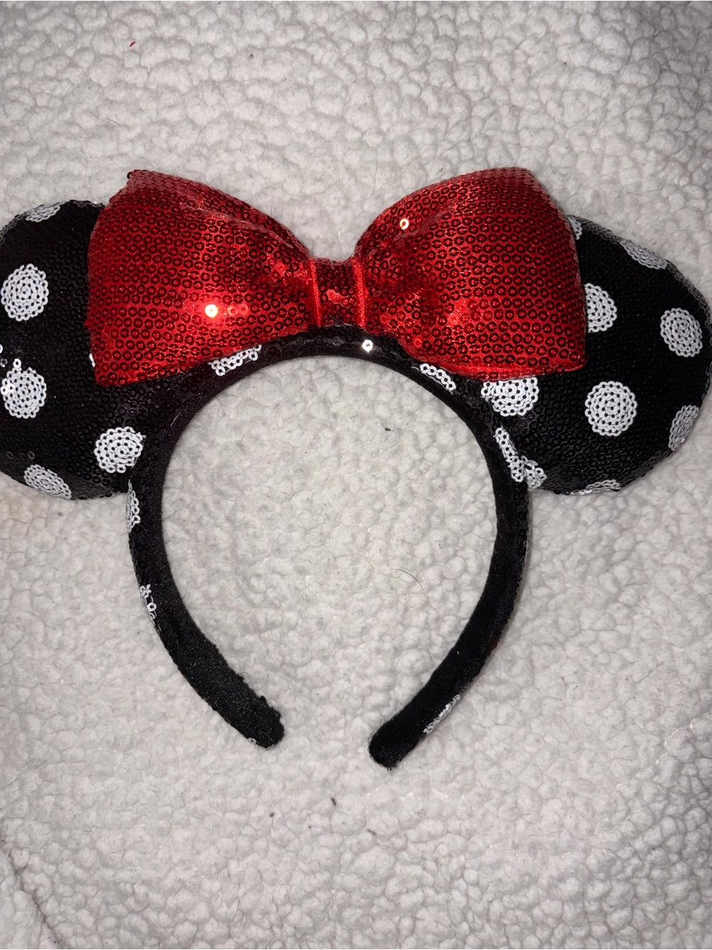 Sequined Minnie Mouse Ear Headband with Red Bow